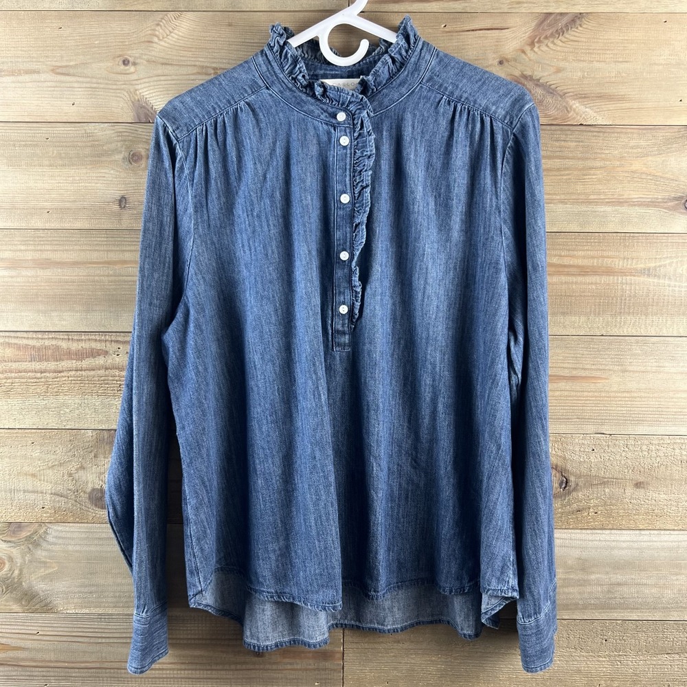 Caslon Womens Shirt Long Sleeve Pullover Chambray Cotton‎ Ruffle Size XL